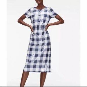 J. Crew Short Sleeve Sequin Dress‎ Gingham Blue White Midi Elastic Waist Size 8